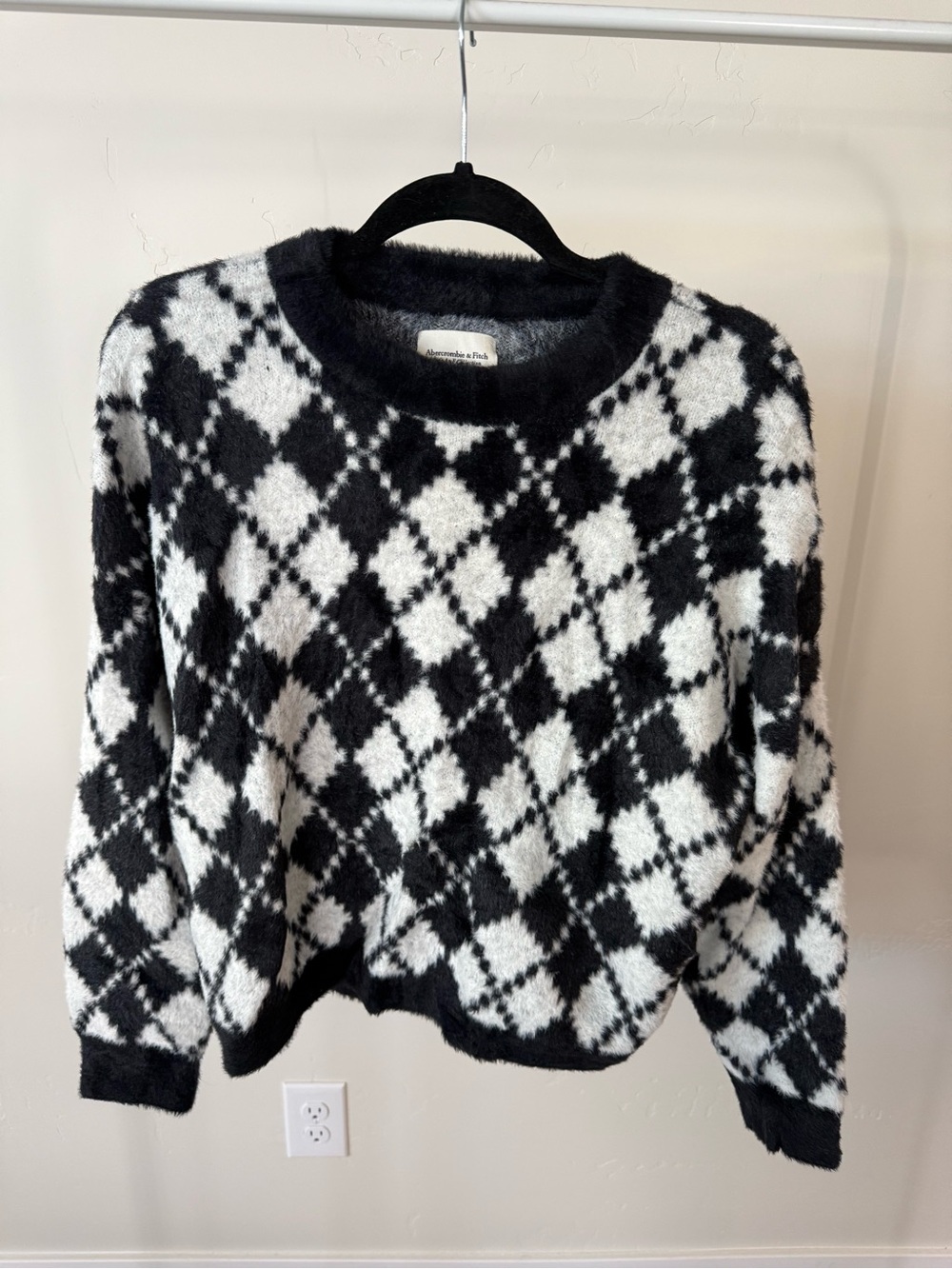 Abercrombie & Fitch Black and White Argyle Fuzzy Crewneck Sweater